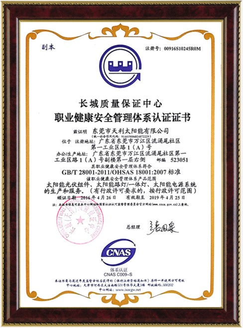 職業(yè)健康安全管理體系認證證書(中文）